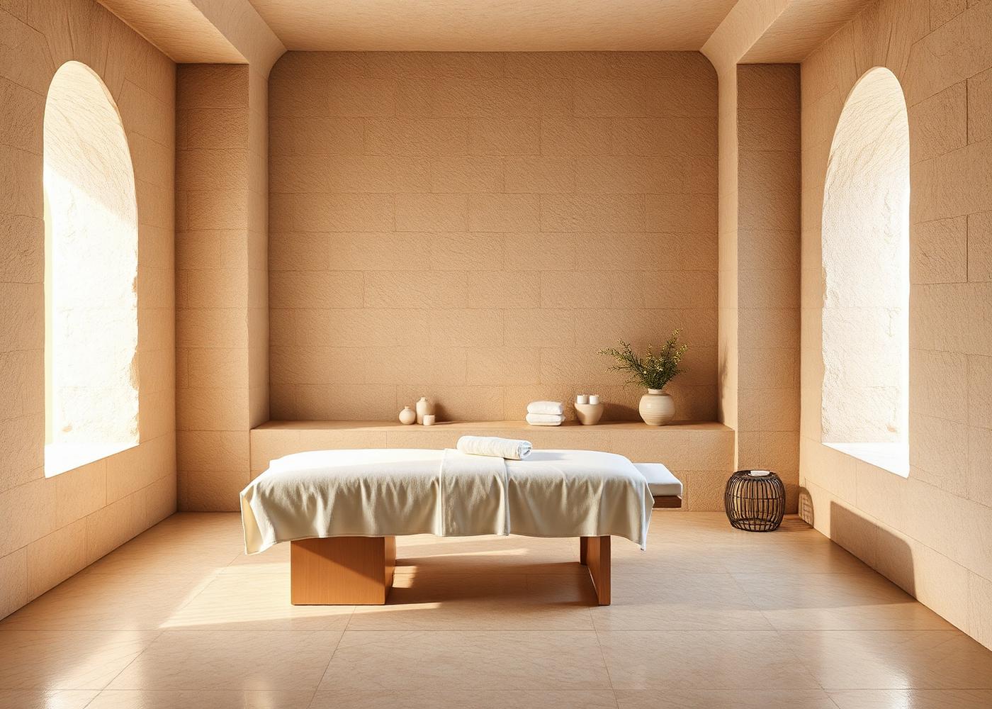 Minimalistischer Spa-Behandlungsraum aus Naturstein im warmen Tageslicht